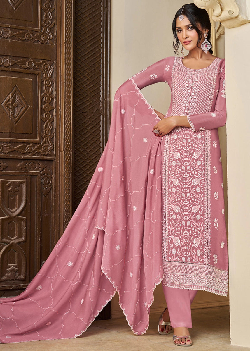 Flamingo Pink Chinon Silk Suit with Intricate White Thread & Sequin Embroidery - House of Sarvati LLC