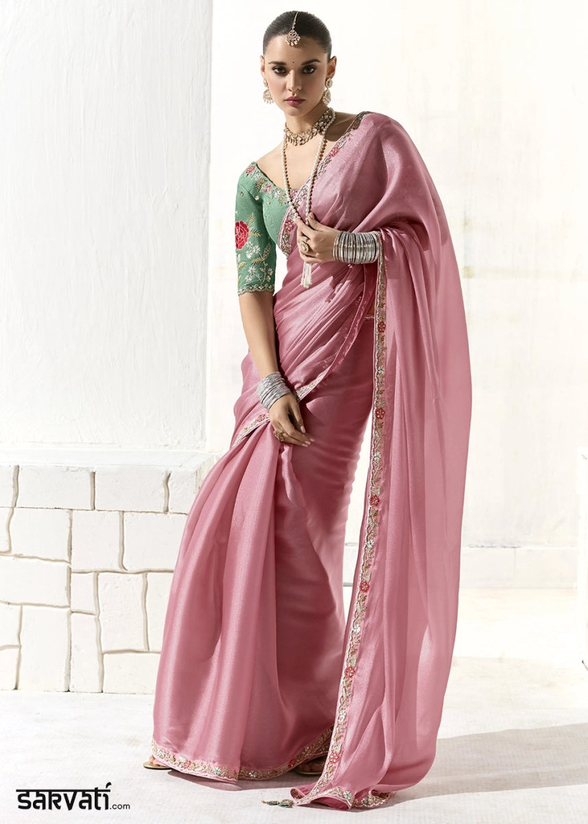 Flamingo Pink Designer Tissue Organza Saree With All - Over Buttas And Hand Embroidered Blouse - House of Sarvati LLC