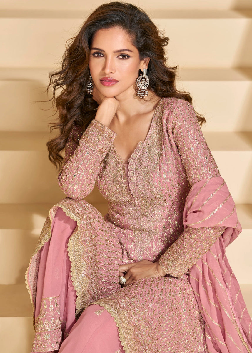 Flamingo Pink Georgette Palazzo Suit with Exquisite Embroidery - House of Sarvati LLC