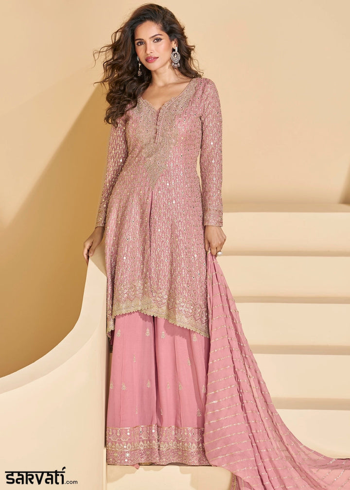 Flamingo Pink Georgette Palazzo Suit with Exquisite Embroidery - House of Sarvati LLC