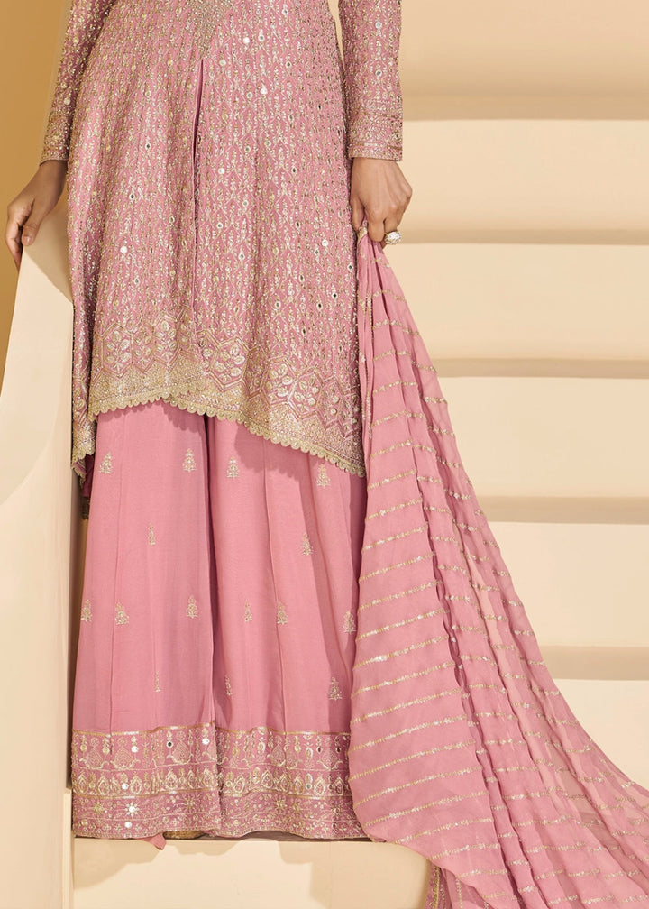 Flamingo Pink Georgette Palazzo Suit with Exquisite Embroidery - House of Sarvati LLC
