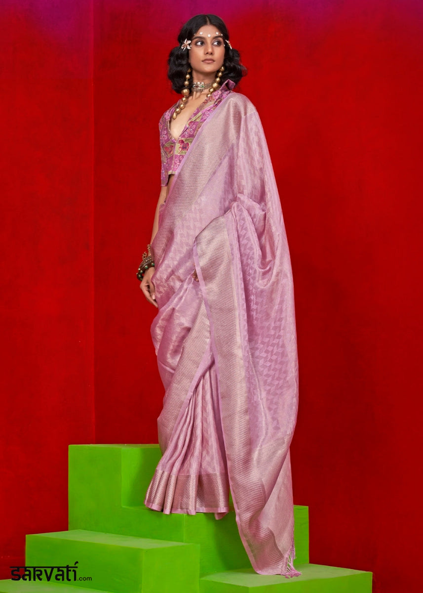 Flamingo Pink Handloom Tissue Silk Saree with Intricate Border Weaving - House of Sarvati LLC
