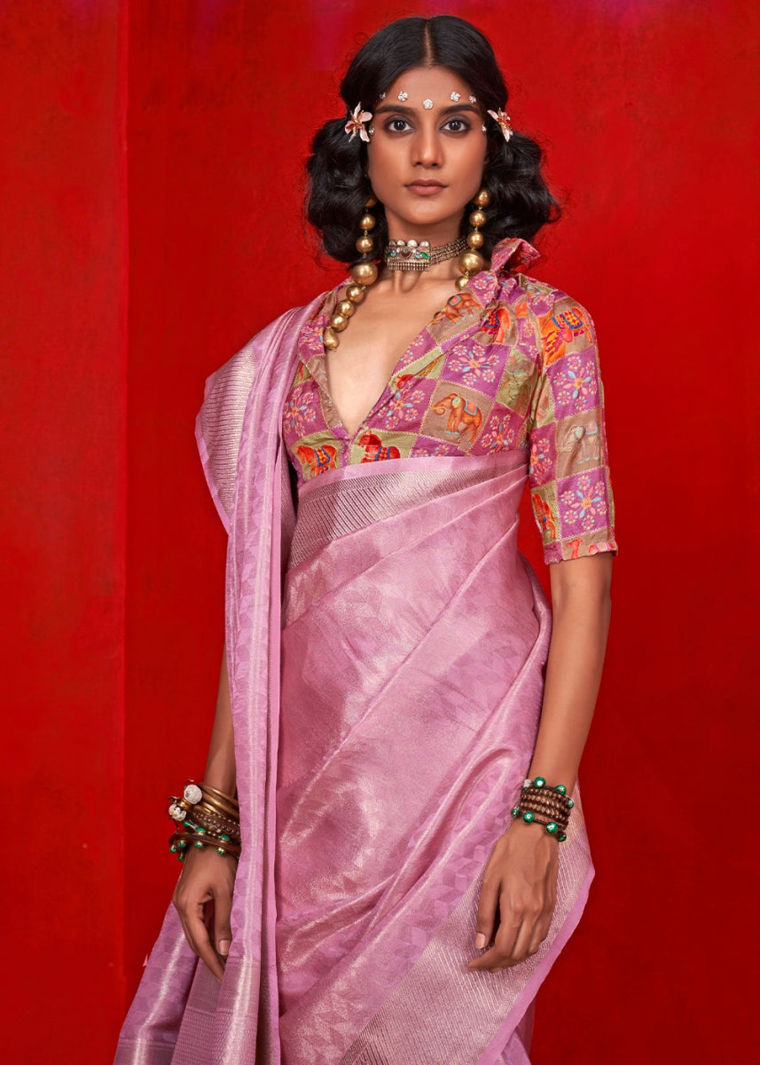 Flamingo Pink Handloom Tissue Silk Saree with Intricate Border Weaving - House of Sarvati LLC