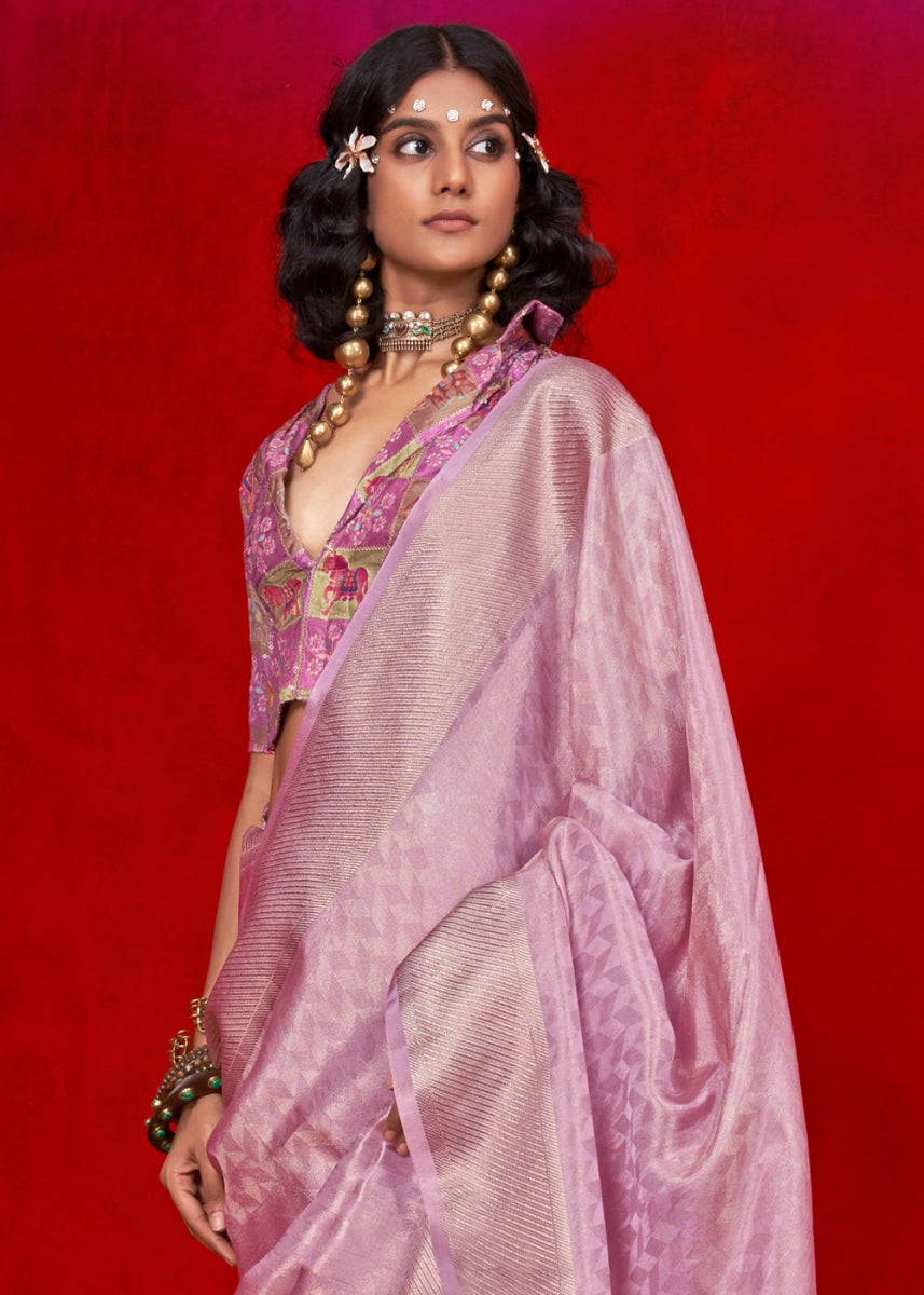 Flamingo Pink Handloom Tissue Silk Saree with Intricate Border Weaving - House of Sarvati LLC