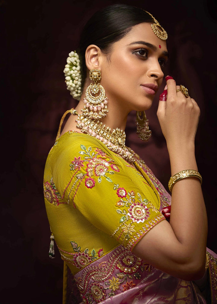 Flamingo Pink Kanjivaram Silk Saree with Intricate Zari, Khatli, Sequin & Pearl Embroidery - House of Sarvati LLC