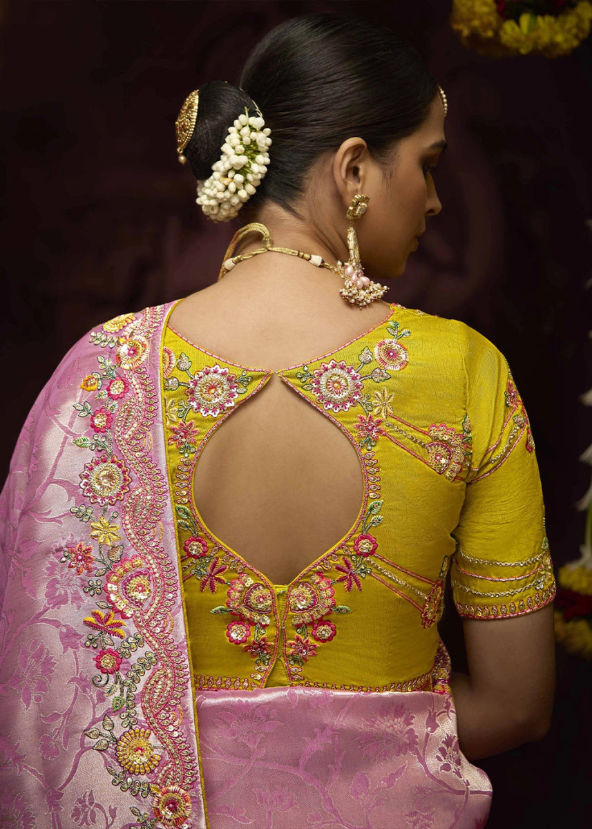 Flamingo Pink Kanjivaram Silk Saree with Intricate Zari, Khatli, Sequin & Pearl Embroidery - House of Sarvati LLC