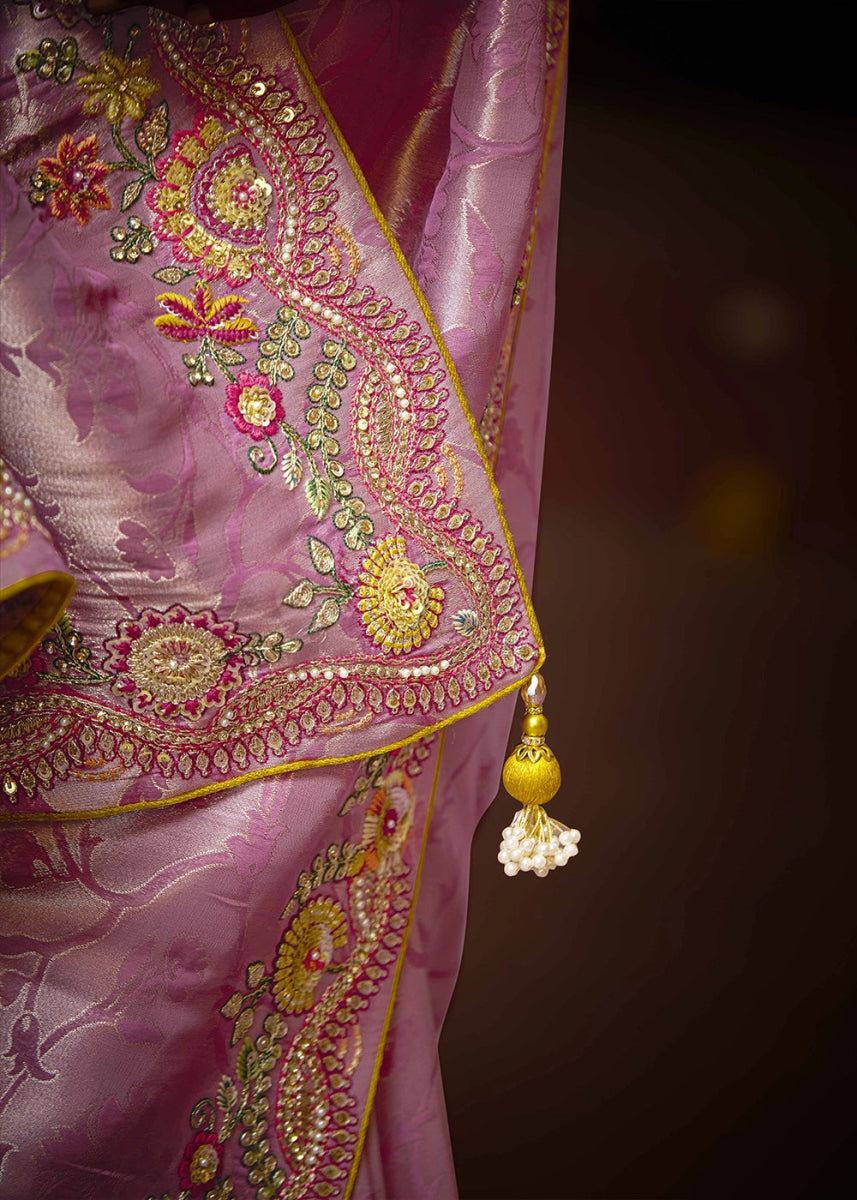 Flamingo Pink Kanjivaram Silk Saree with Intricate Zari, Khatli, Sequin & Pearl Embroidery - House of Sarvati LLC