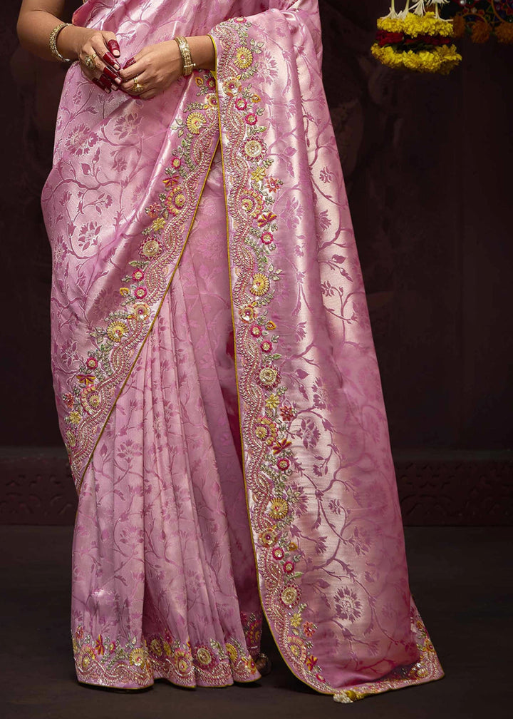 Flamingo Pink Kanjivaram Silk Saree with Intricate Zari, Khatli, Sequin & Pearl Embroidery - House of Sarvati LLC