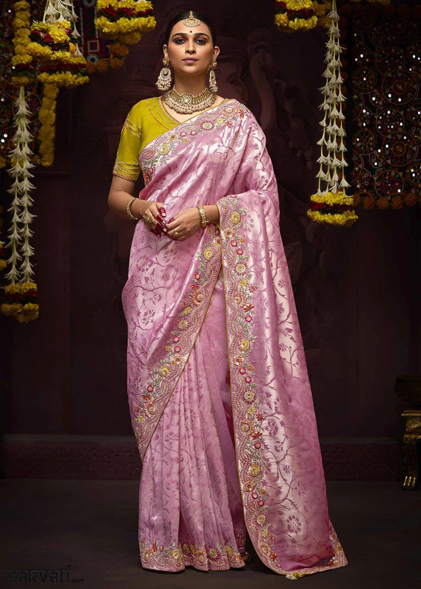 Flamingo Pink Kanjivaram Silk Saree with Intricate Zari, Khatli, Sequin & Pearl Embroidery - House of Sarvati LLC