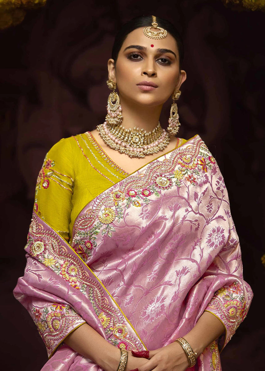 Flamingo Pink Kanjivaram Silk Saree with Intricate Zari, Khatli, Sequin & Pearl Embroidery - House of Sarvati LLC