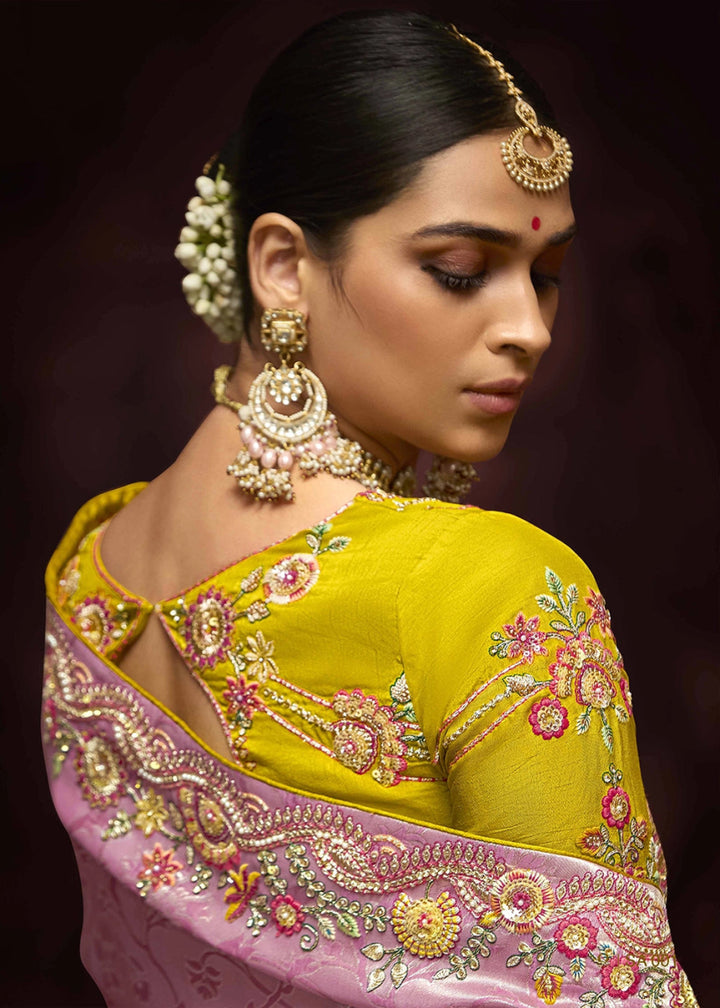 Flamingo Pink Kanjivaram Silk Saree with Intricate Zari, Khatli, Sequin & Pearl Embroidery - House of Sarvati LLC