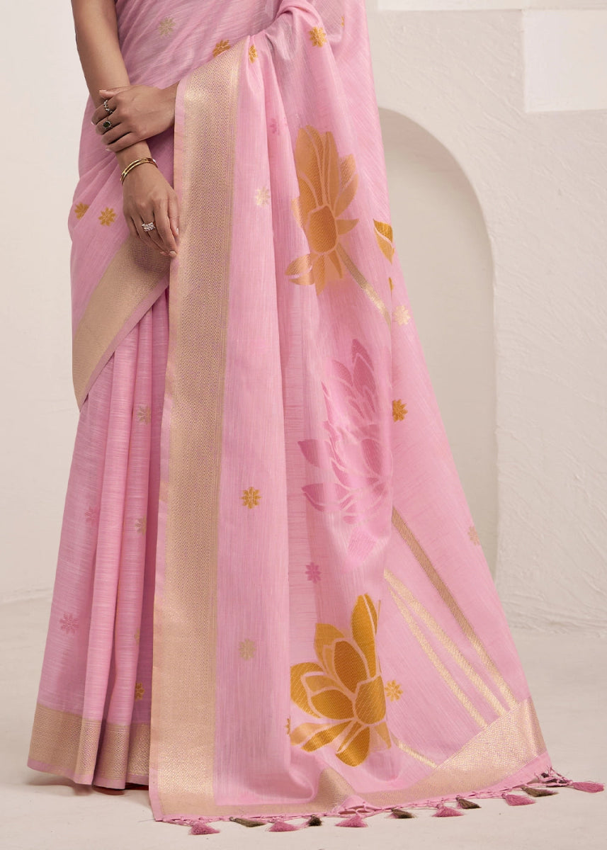 Flamingo Pink Saree in Linen Silk with Artistic Floral Jacquard Pallu - House of Sarvati LLC