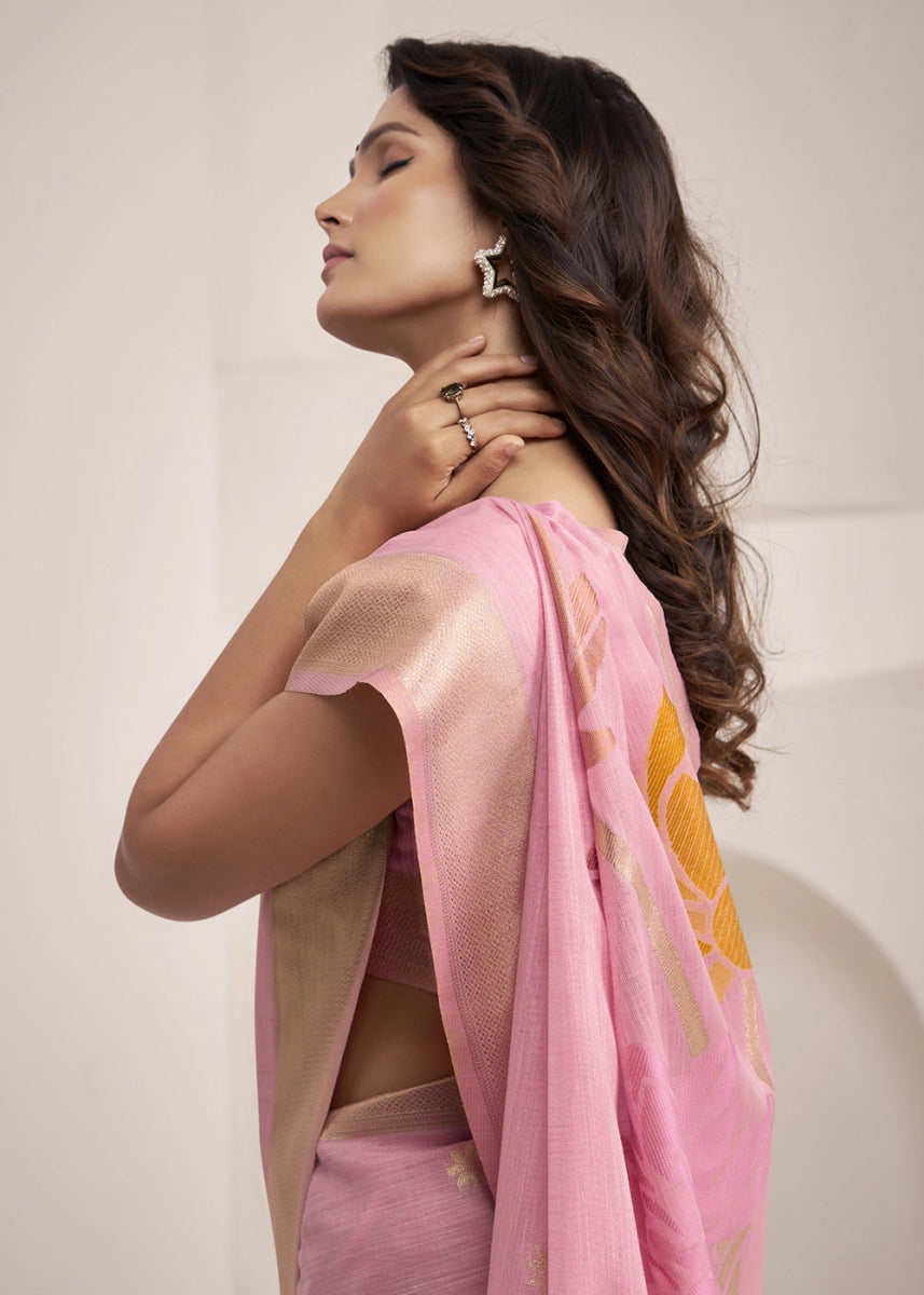 Flamingo Pink Saree in Linen Silk with Artistic Floral Jacquard Pallu - House of Sarvati LLC
