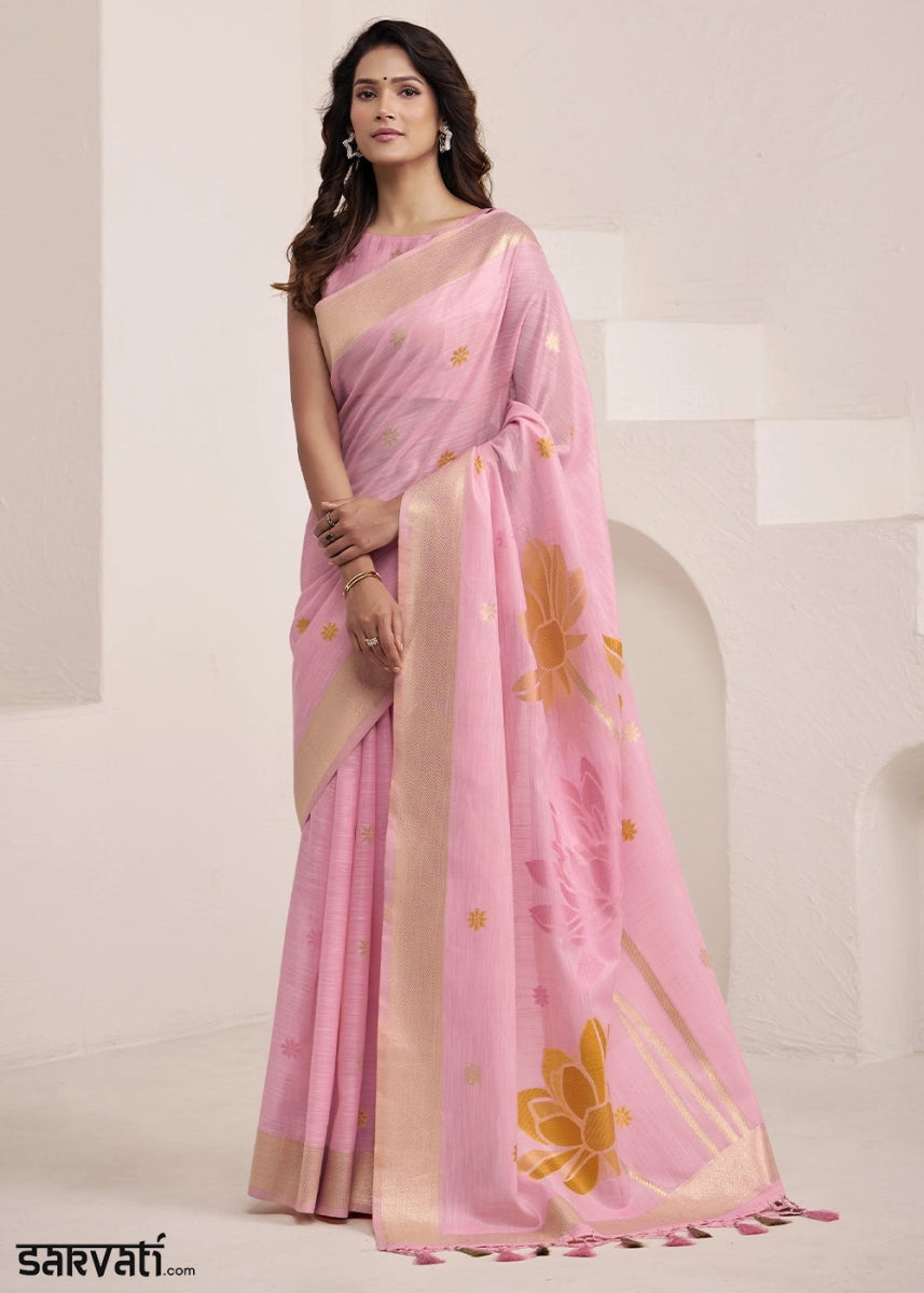Flamingo Pink Saree in Linen Silk with Artistic Floral Jacquard Pallu - House of Sarvati LLC