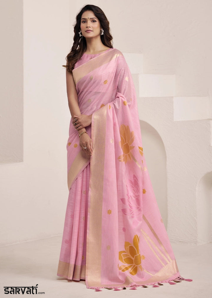 Flamingo Pink Saree in Linen Silk with Artistic Floral Jacquard Pallu - House of Sarvati LLC