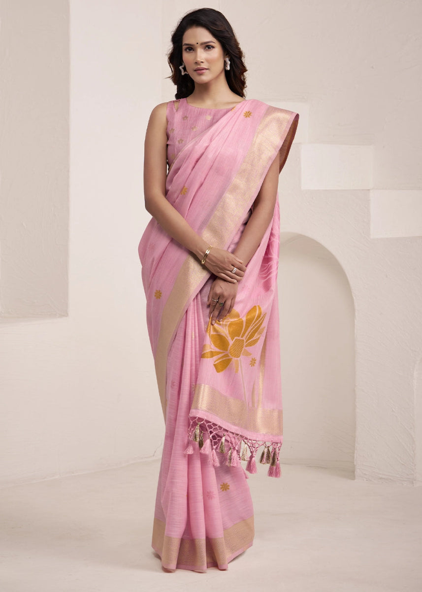 Flamingo Pink Saree in Linen Silk with Artistic Floral Jacquard Pallu - House of Sarvati LLC