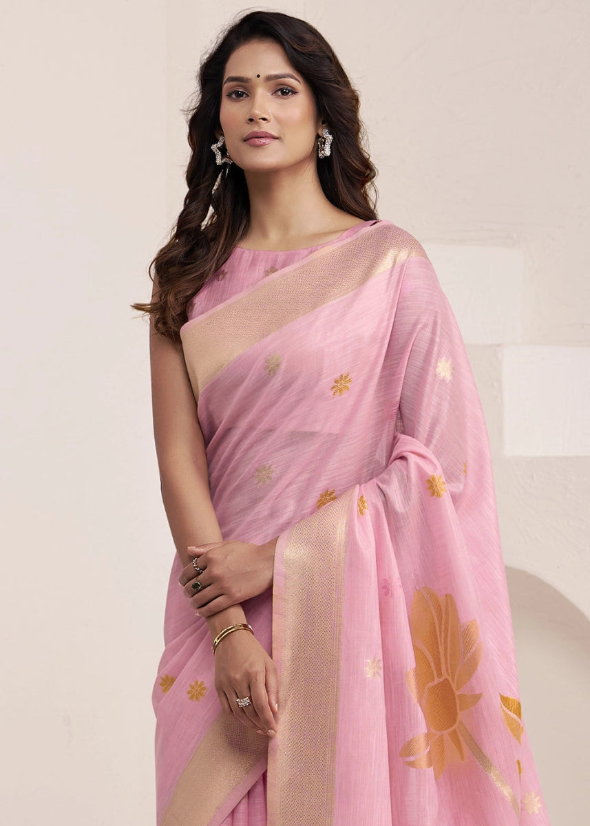 Flamingo Pink Saree in Linen Silk with Artistic Floral Jacquard Pallu - House of Sarvati LLC