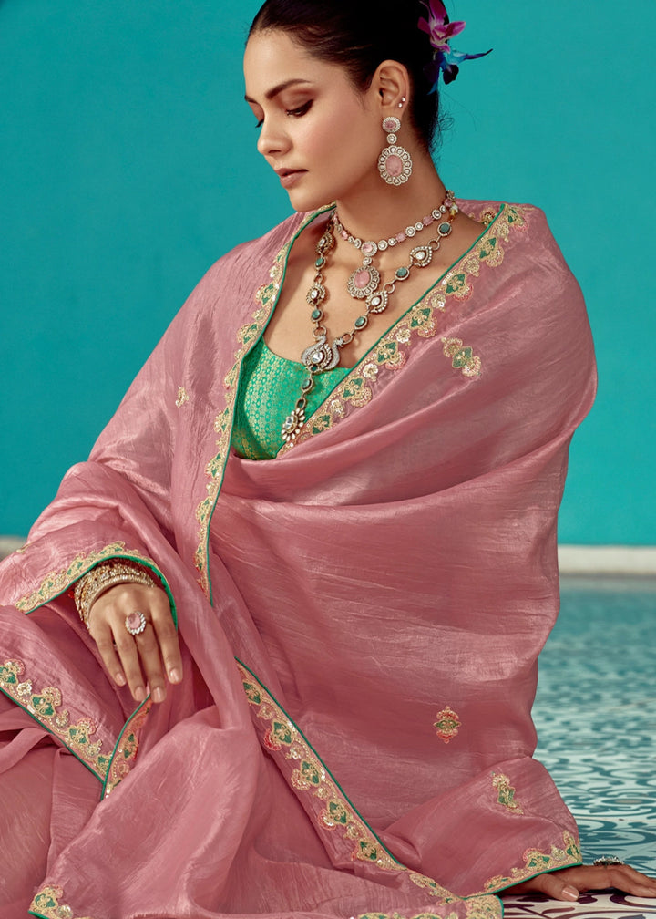 Flamingo Pink Tissue Silk Saree with Exquisite Embroidery - House of Sarvati LLC
