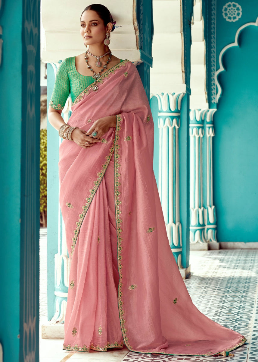 Flamingo Pink Tissue Silk Saree with Exquisite Embroidery - House of Sarvati LLC