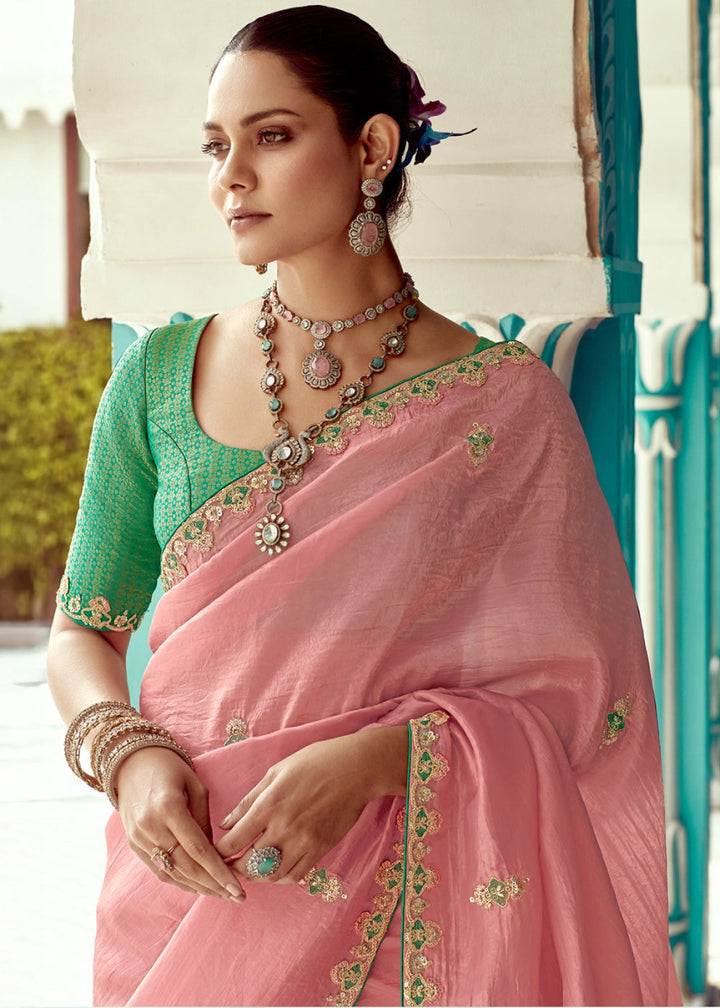 Flamingo Pink Tissue Silk Saree with Exquisite Embroidery - House of Sarvati LLC