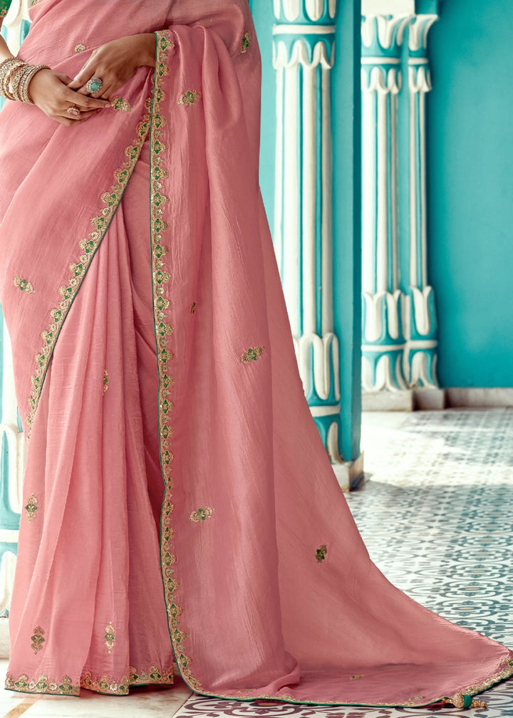 Flamingo Pink Tissue Silk Saree with Exquisite Embroidery - House of Sarvati LLC