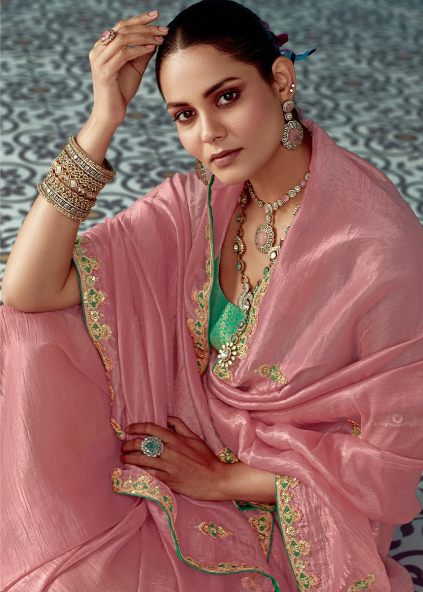 Flamingo Pink Tissue Silk Saree with Exquisite Embroidery - House of Sarvati LLC