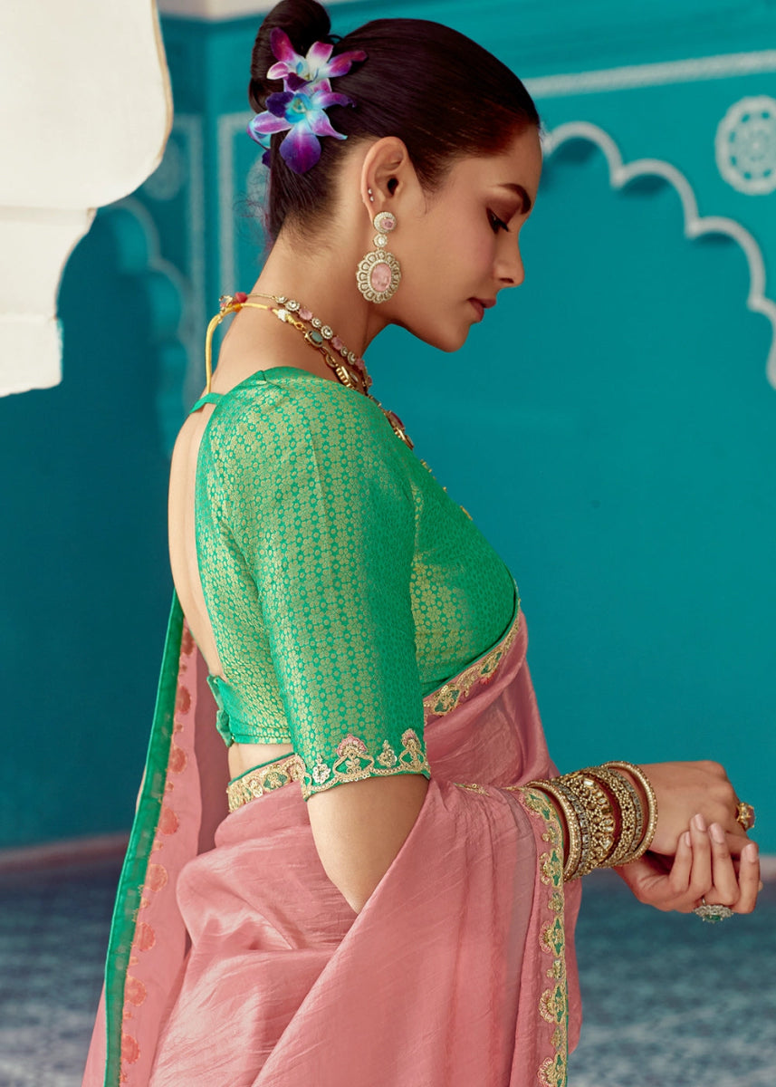 Flamingo Pink Tissue Silk Saree with Exquisite Embroidery - House of Sarvati LLC
