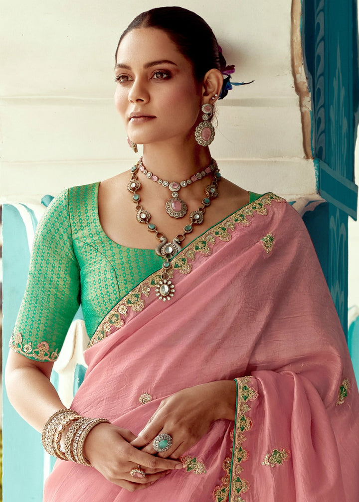 Flamingo Pink Tissue Silk Saree with Exquisite Embroidery - House of Sarvati LLC