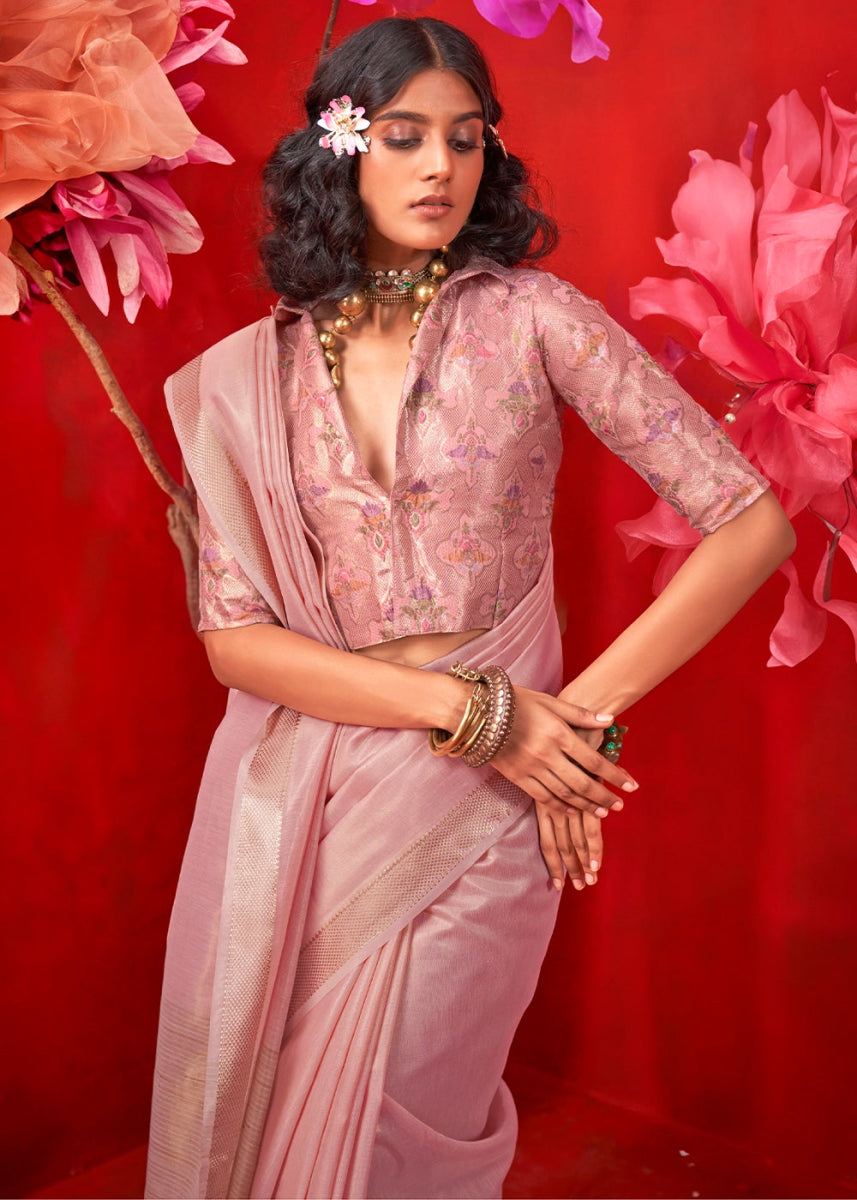Flamingo Pink Tissue Silk Saree with Rich Zari Weave - House of Sarvati LLC