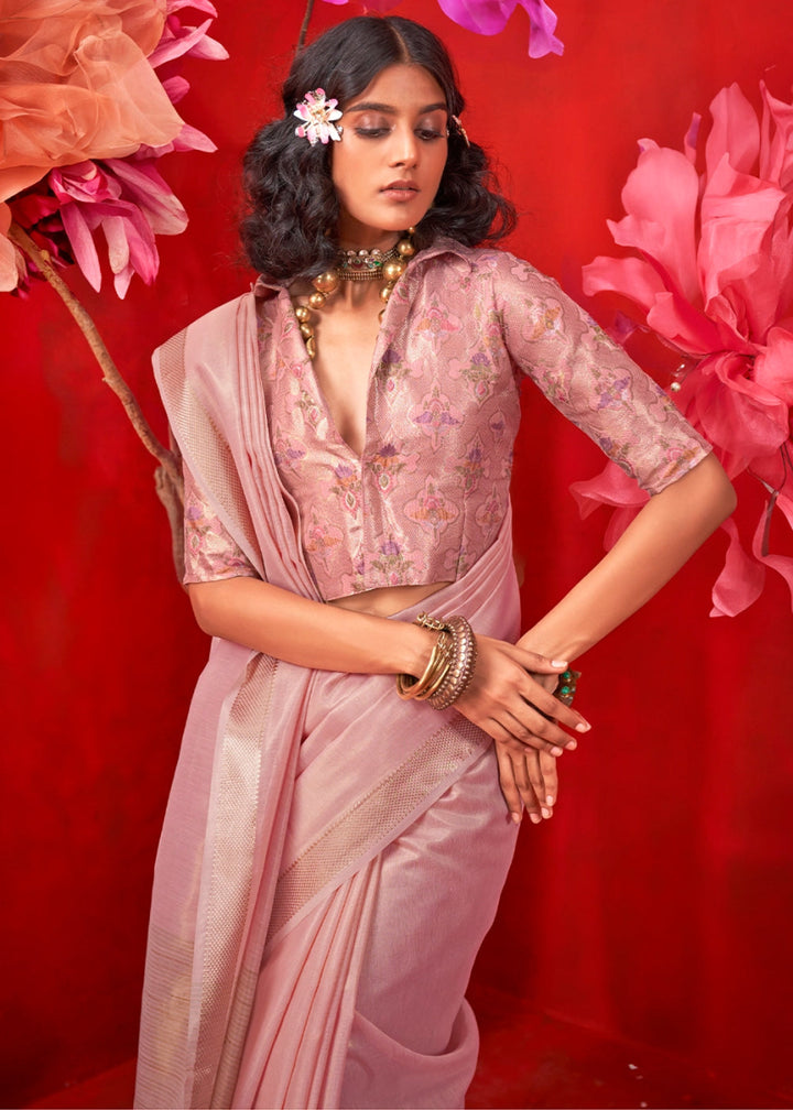 Flamingo Pink Tissue Silk Saree with Rich Zari Weave - House of Sarvati LLC