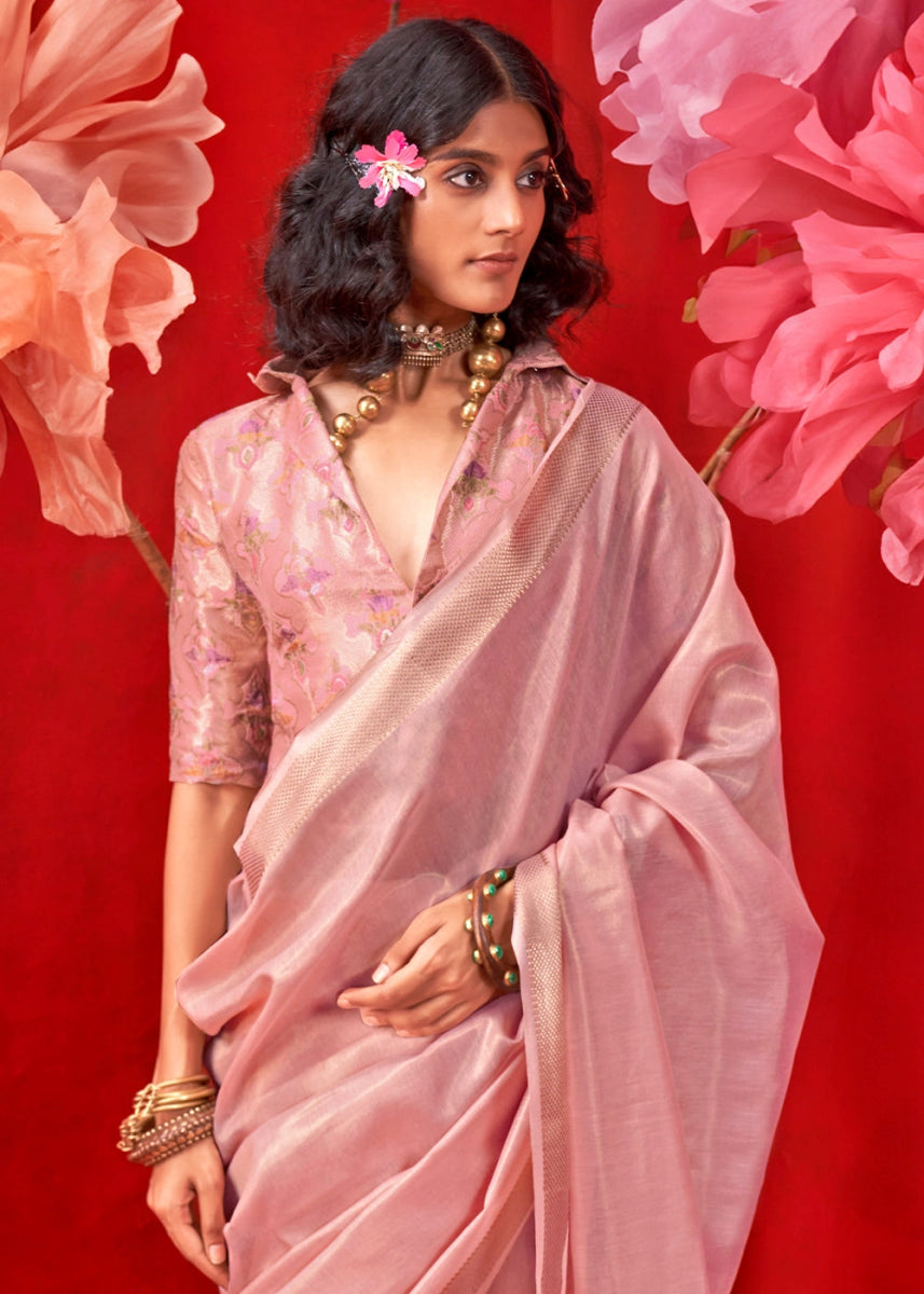 Flamingo Pink Tissue Silk Saree with Rich Zari Weave - House of Sarvati LLC