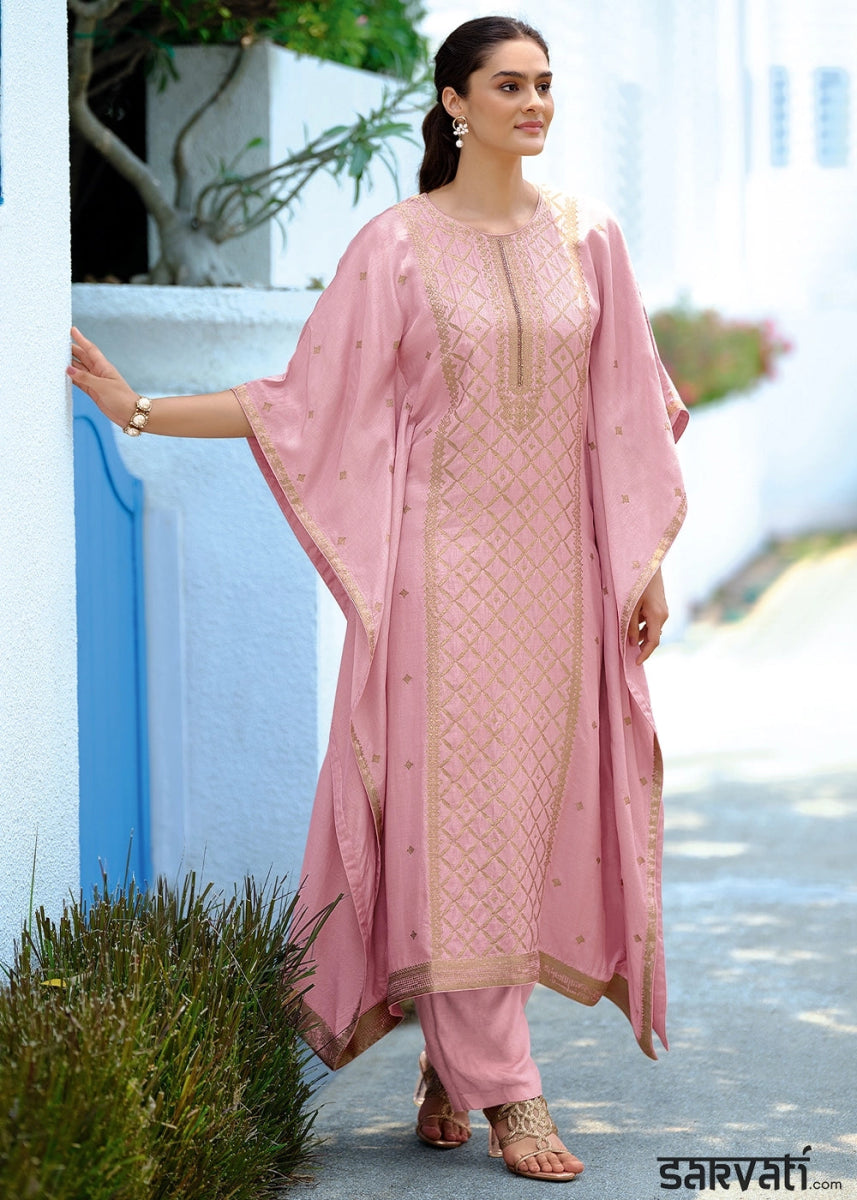 Flamingo Pink Viscose Silk Kaftan Set with Handcrafted Details - House of Sarvati LLC