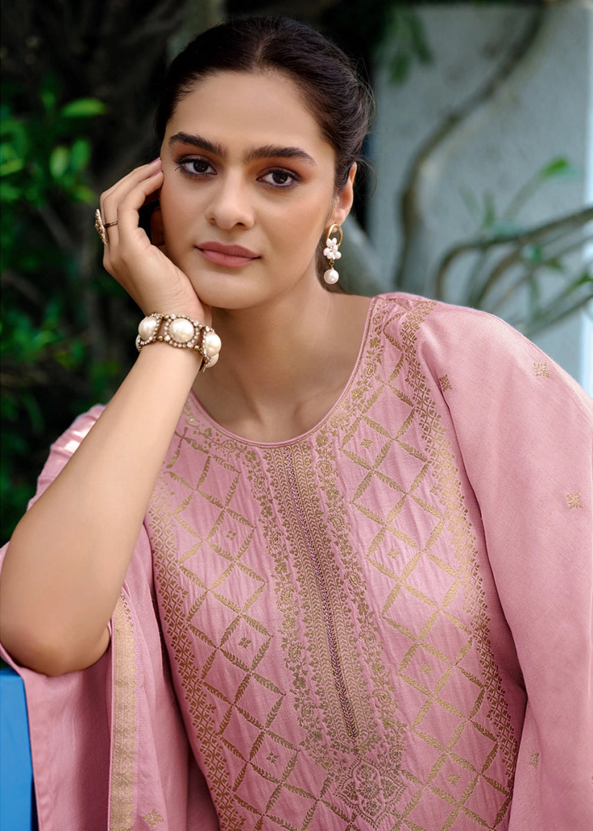 Flamingo Pink Viscose Silk Kaftan Set with Handcrafted Details - House of Sarvati LLC