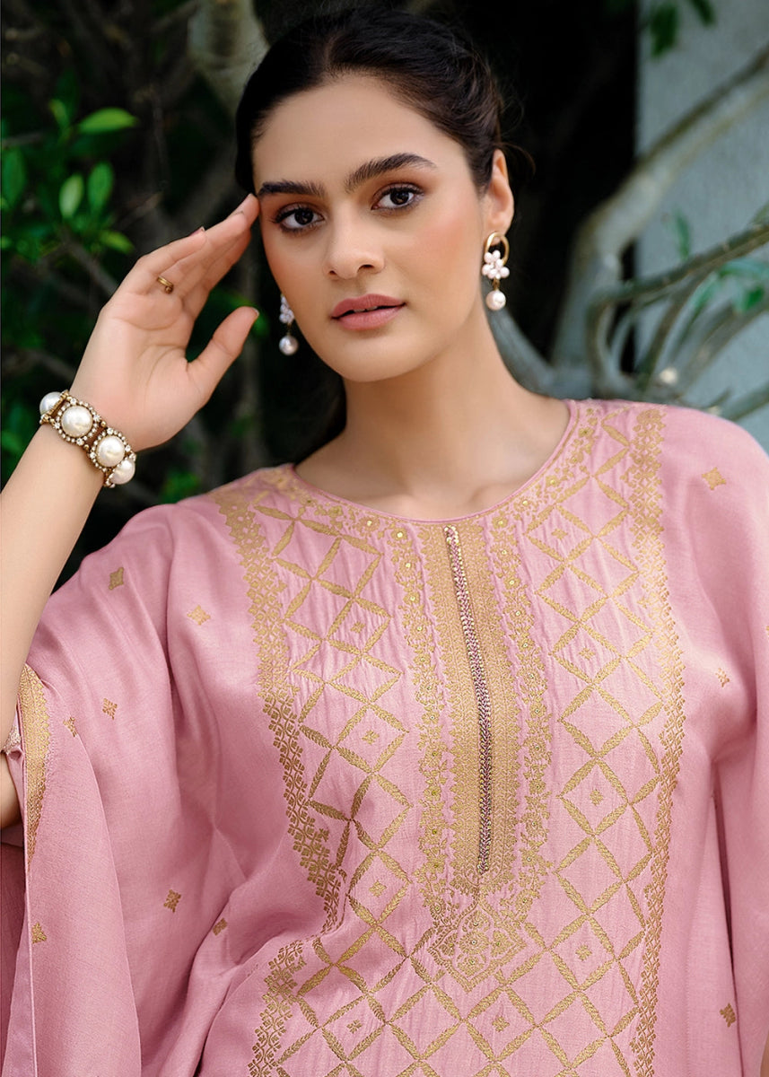 Flamingo Pink Viscose Silk Kaftan Set with Handcrafted Details - House of Sarvati LLC