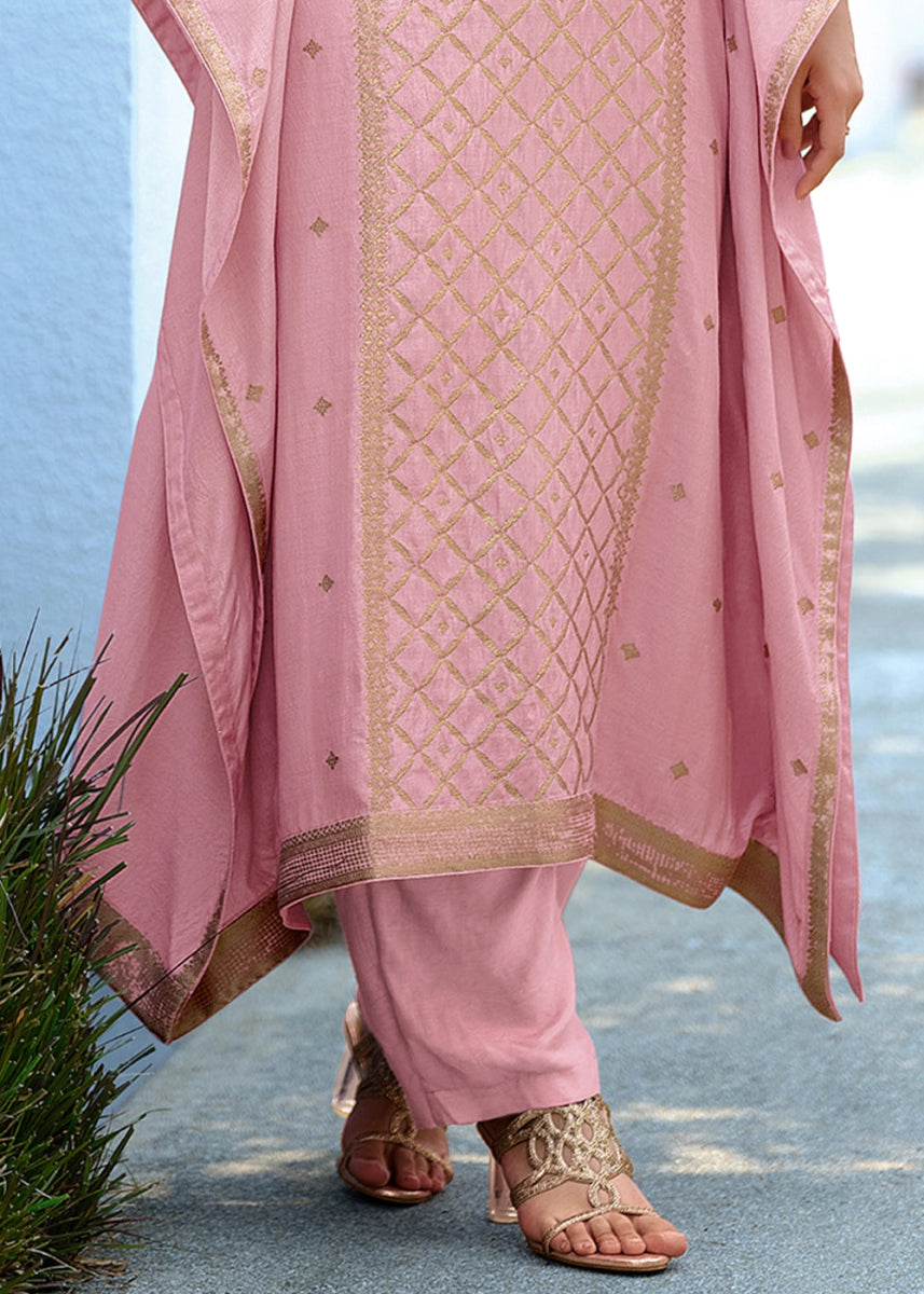 Flamingo Pink Viscose Silk Kaftan Set with Handcrafted Details - House of Sarvati LLC