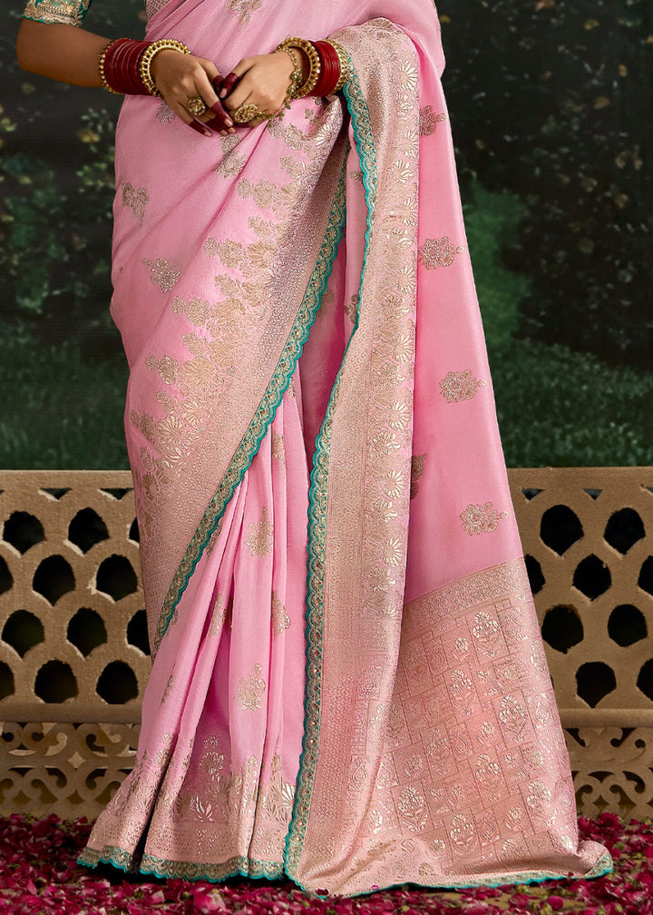 Flamingo Pink Zari Woven Dola Silk Saree with Embroidery Detailing - House of Sarvati LLC