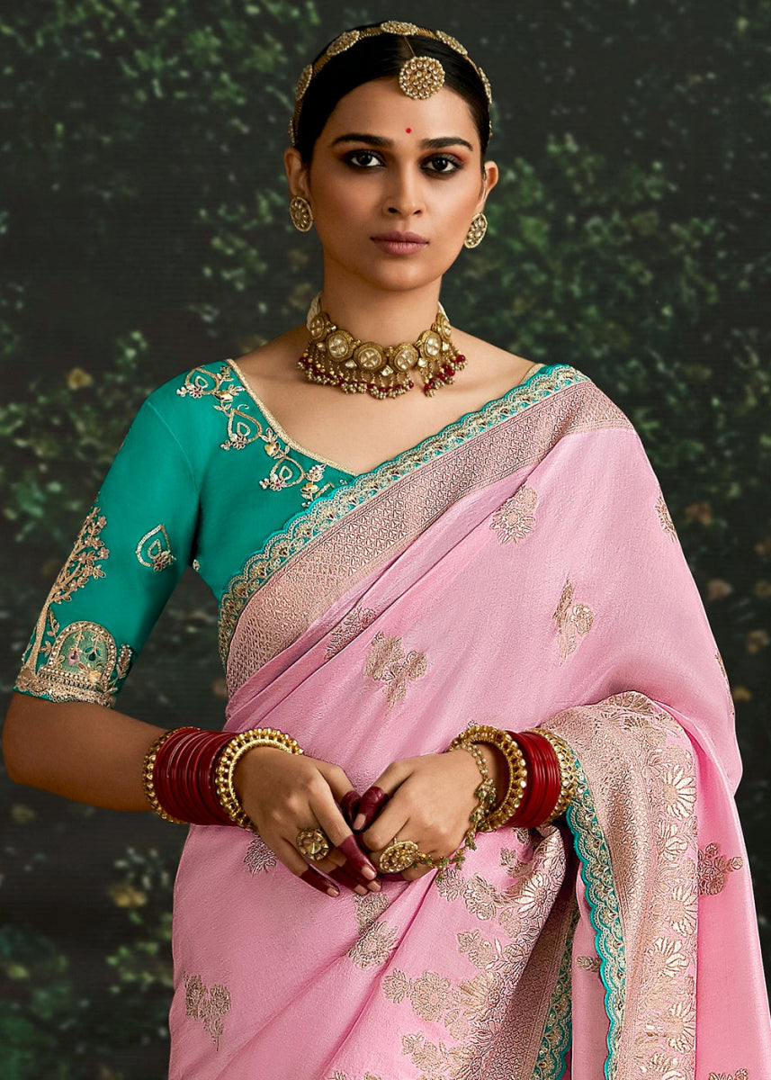 Flamingo Pink Zari Woven Dola Silk Saree with Embroidery Detailing - House of Sarvati LLC