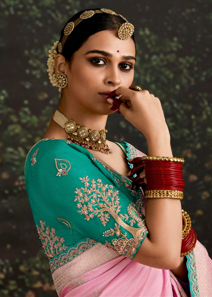 Flamingo Pink Zari Woven Dola Silk Saree with Embroidery Detailing - House of Sarvati LLC