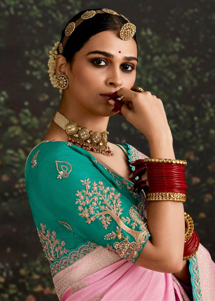 Flamingo Pink Zari Woven Dola Silk Saree with Embroidery Detailing - House of Sarvati LLC