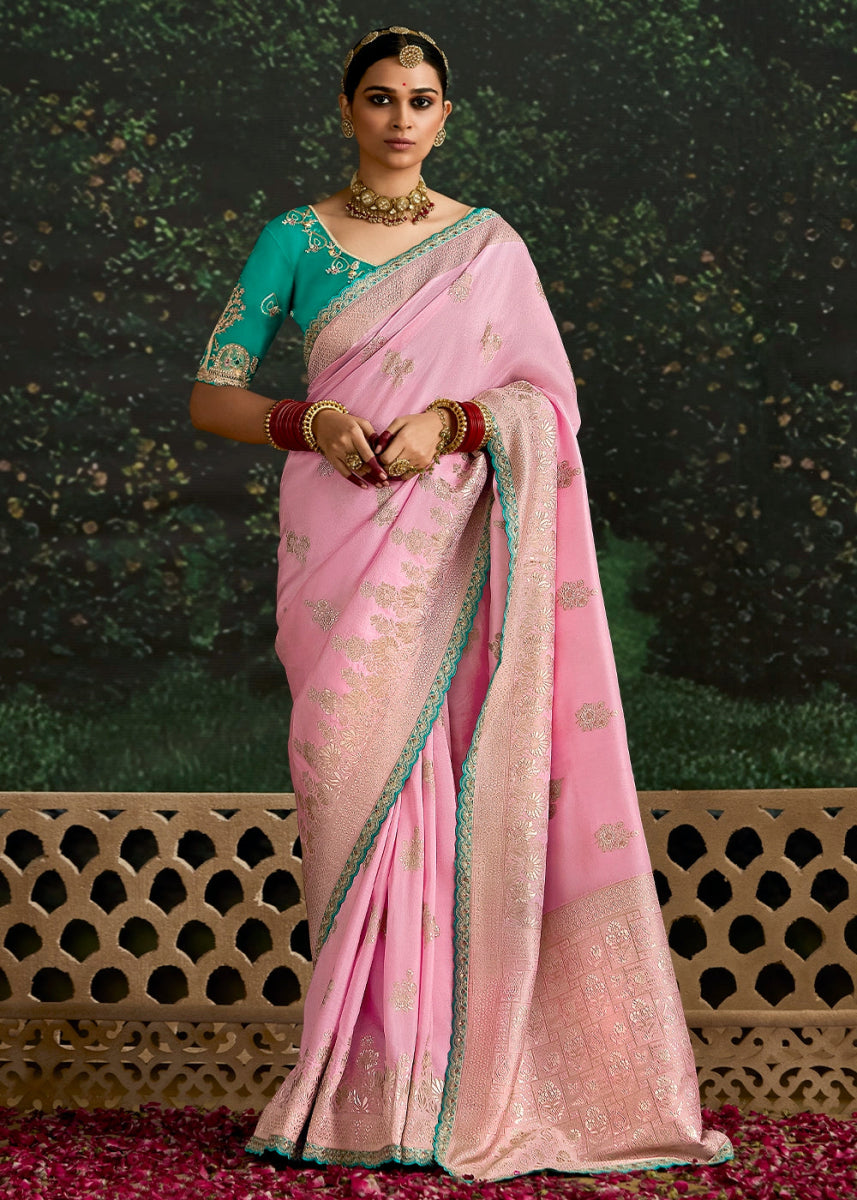 Flamingo Pink Zari Woven Dola Silk Saree with Embroidery Detailing - House of Sarvati LLC