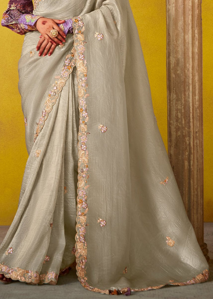 Fog Grey Tissue Silk Saree with Stunning Sequins and Thread Embroidery work - House of Sarvati LLC