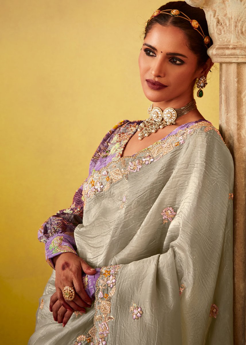 Fog Grey Tissue Silk Saree with Stunning Sequins and Thread Embroidery work - House of Sarvati LLC