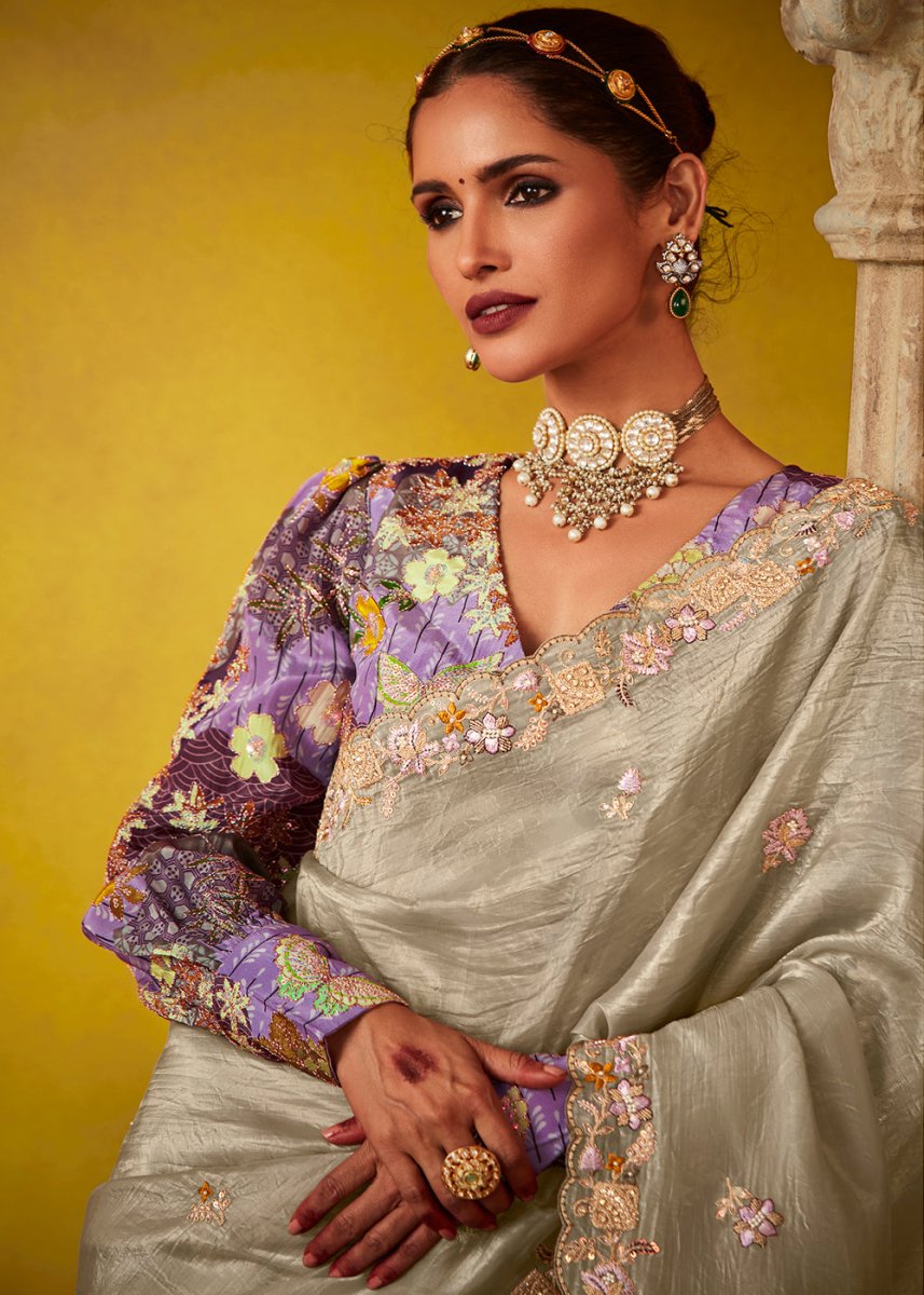 Fog Grey Tissue Silk Saree with Stunning Sequins and Thread Embroidery work - House of Sarvati LLC