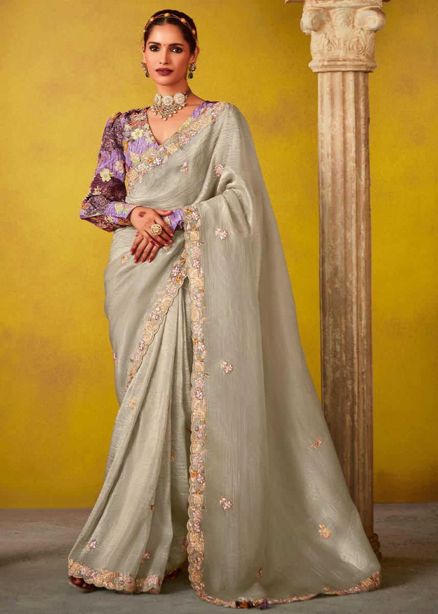 Fog Grey Tissue Silk Saree with Stunning Sequins and Thread Embroidery work - House of Sarvati LLC