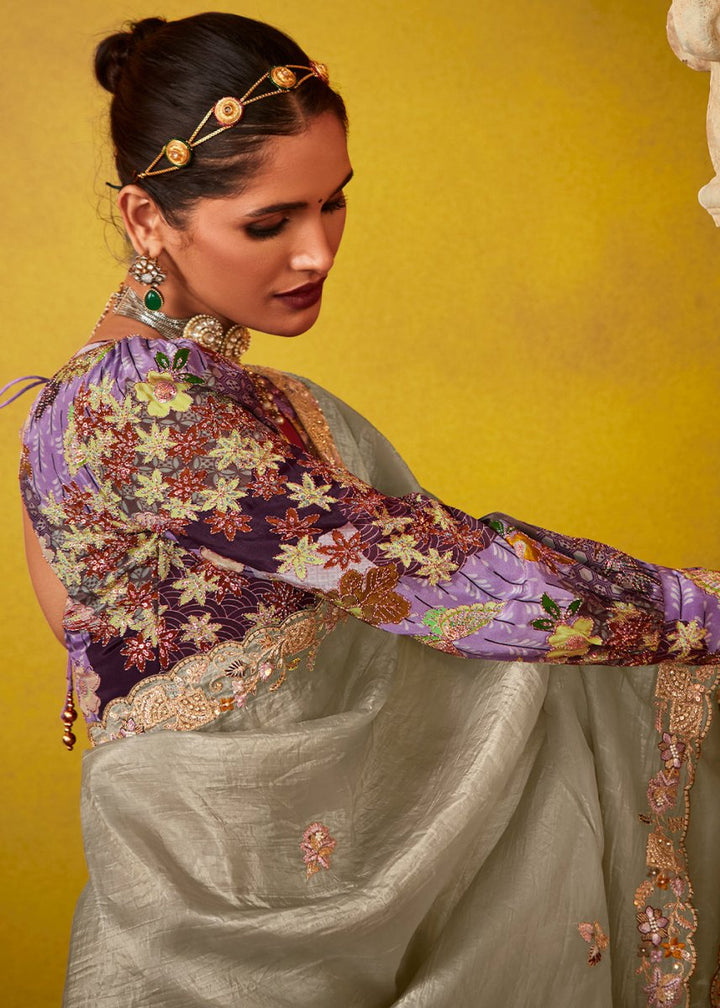 Fog Grey Tissue Silk Saree with Stunning Sequins and Thread Embroidery work - House of Sarvati LLC