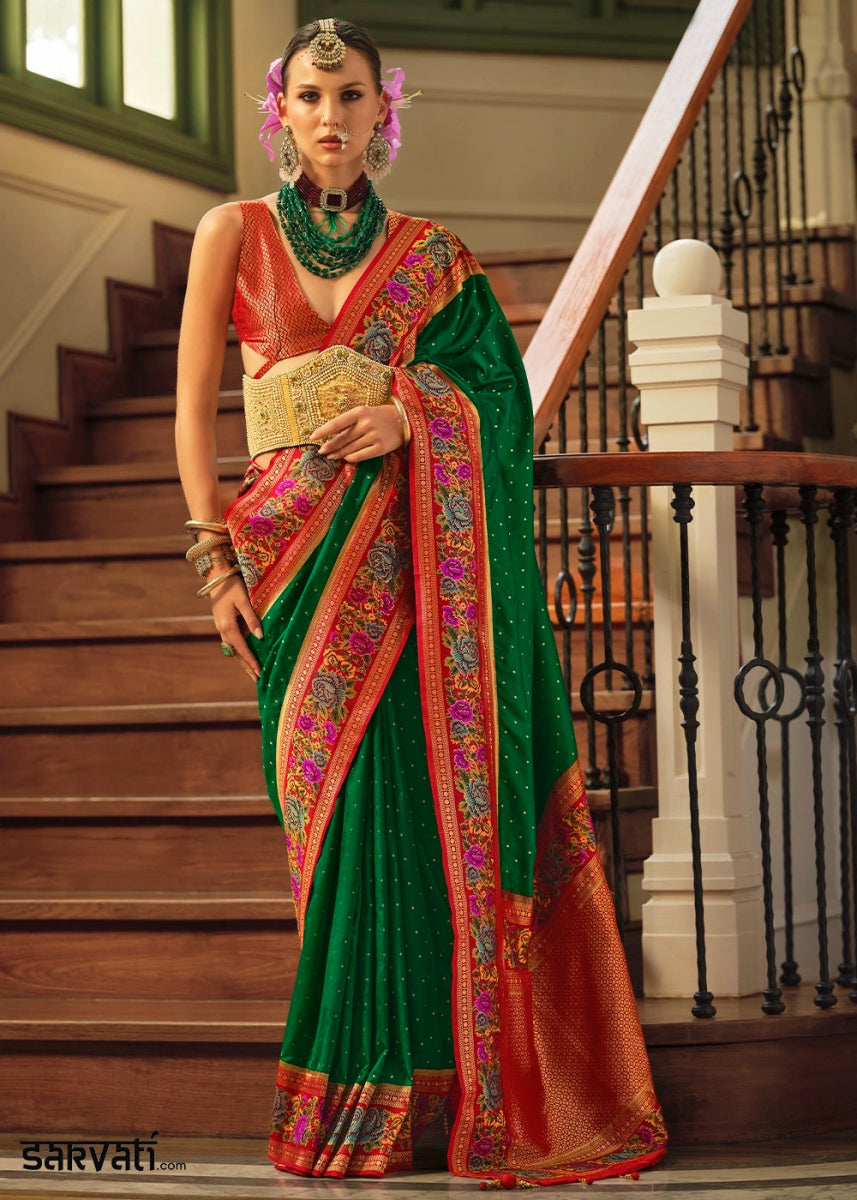 Forest Green Banarasi Silk Saree With Jacquard Butti Weaving And Meenakari Border & Pallu - House of Sarvati LLC