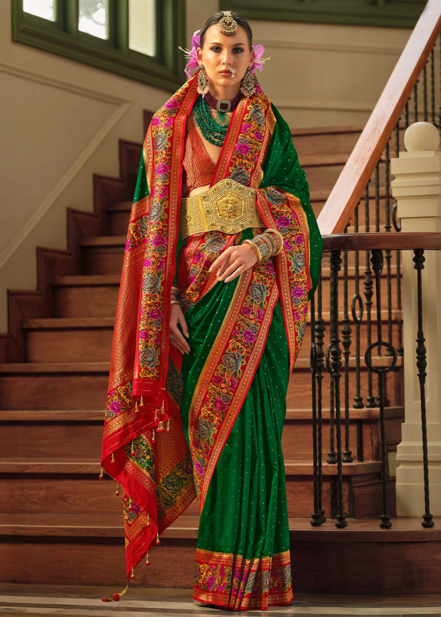 Forest Green Banarasi Silk Saree With Jacquard Butti Weaving And Meenakari Border & Pallu - House of Sarvati LLC