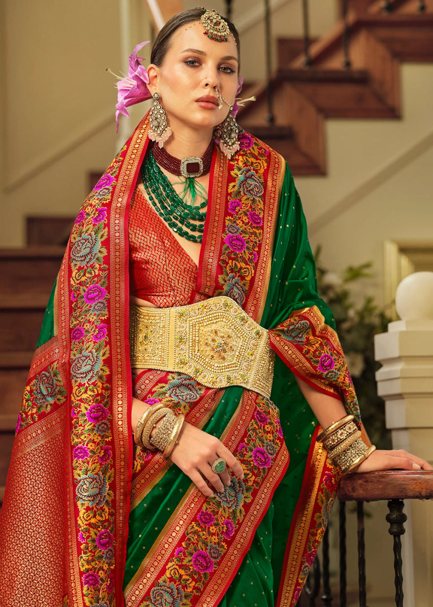 Forest Green Banarasi Silk Saree With Jacquard Butti Weaving And Meenakari Border & Pallu - House of Sarvati LLC