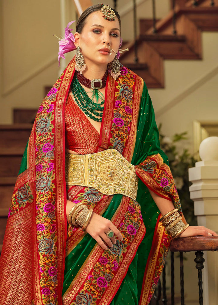 Forest Green Banarasi Silk Saree With Jacquard Butti Weaving And Meenakari Border & Pallu - House of Sarvati LLC