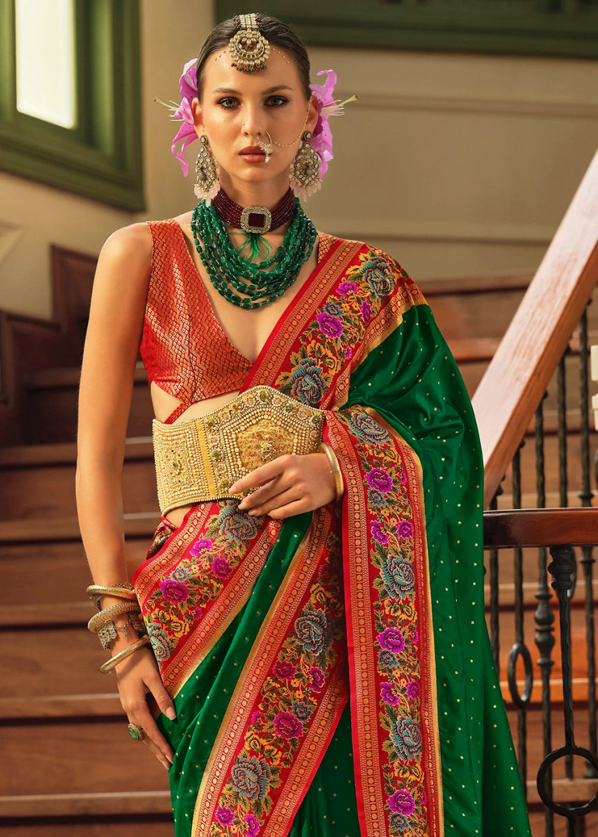 Forest Green Banarasi Silk Saree With Jacquard Butti Weaving And Meenakari Border & Pallu - House of Sarvati LLC